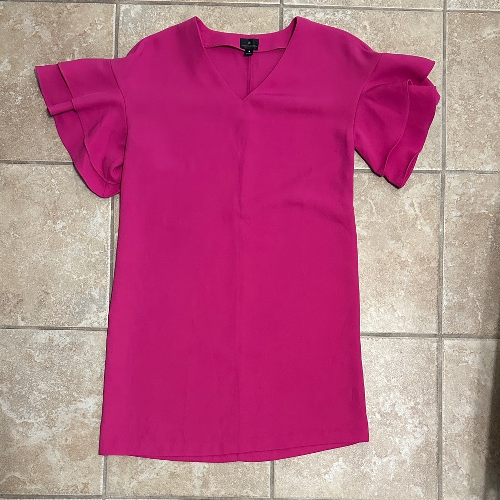 Stylish V-Neck Flutter Sleeve Dress - Magenta